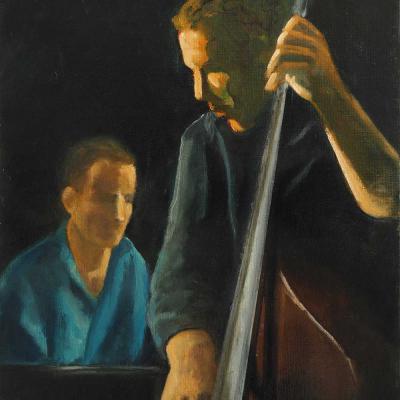 Piano et contre basse. Huile sur toile. 46 x 38 cm